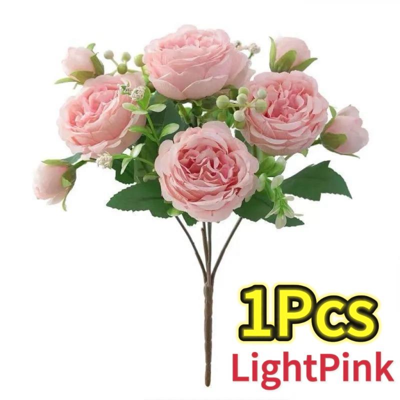 Hot Selling 30cm Rose Pink Silk Bouquet Peony Artificial Flower 5 Big Head 4 Small Bud Bride Wedding Home Party Decorations