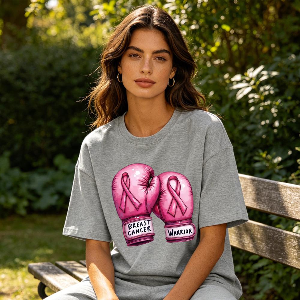 Breast Cancer Warrior Boxing Gloves Graphicunisex Summer Cotton T Shirt Fighting Spirit Inspirational Short Sleeve Casual Top