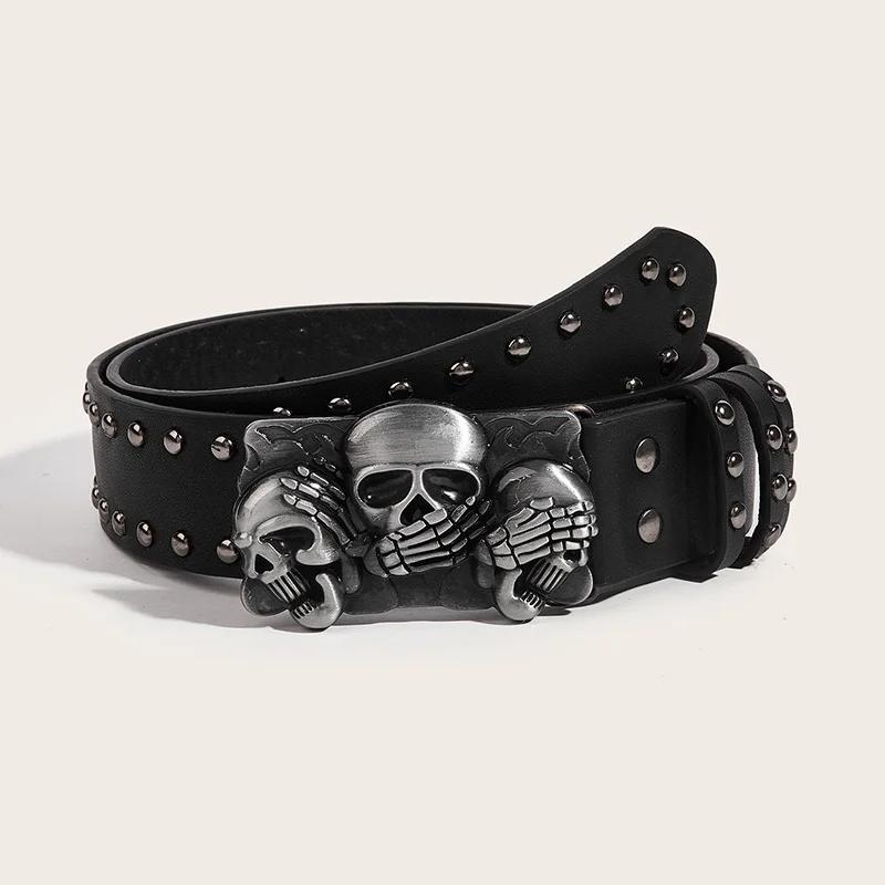 

New Belts For Women High Quality Luxury Brand Punk Goth Rivet Black Jeans Unisex Men Belt Paw Skull Buckle Waistband Man 105CM чёрный