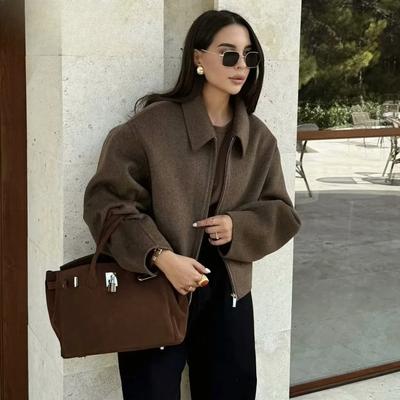 Wool Blended Jacket for Women Fashion Autumn Winter New Long Sleeved Lapel Zip Pocket Warm Woolen Jackets Short Coats