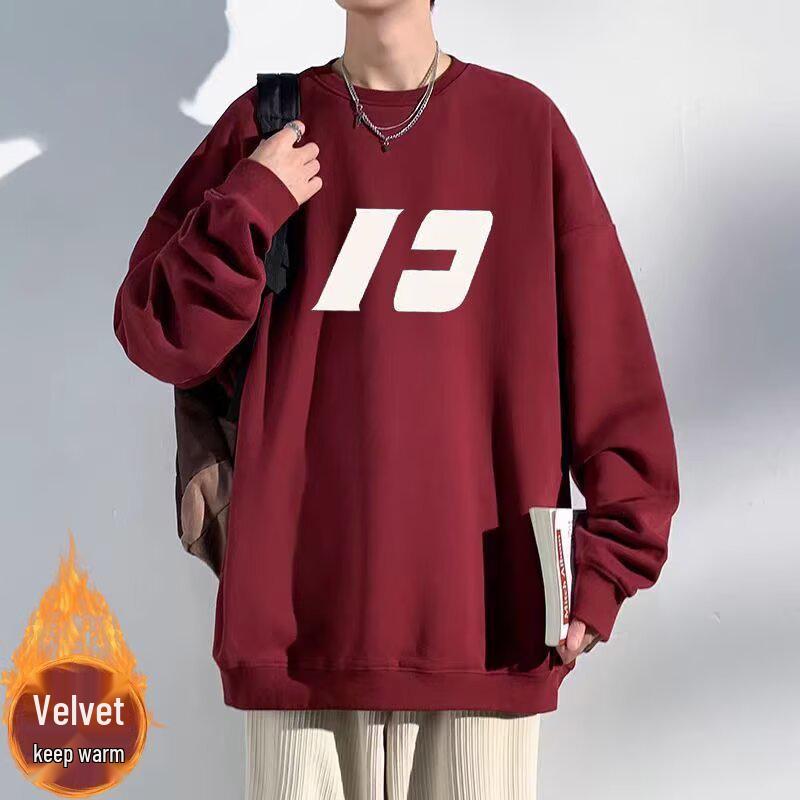 Men s Plus Size Korean-Style Velvet Hoodie - Loose Fit, Long Sleeve, Autumn/Winter 3XL вино красного