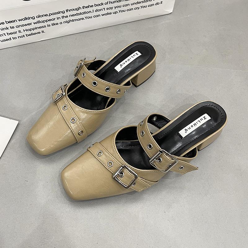 Women's Baotou Slippers Spring New Style Square Head Shallow Mouth Rivet Metal Buckle Non-slip Sandals