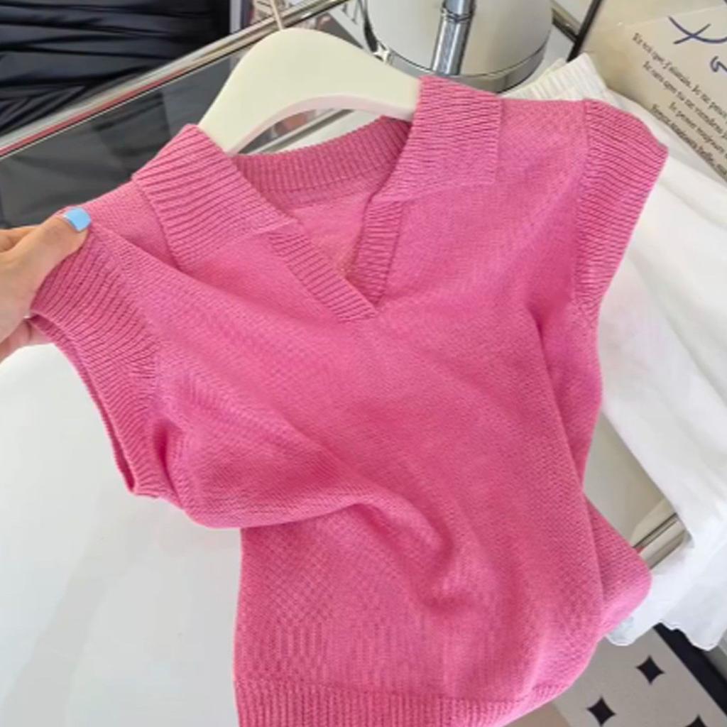 Summer Women's Collar Knitted T-shirt Short Sleeved Design Top