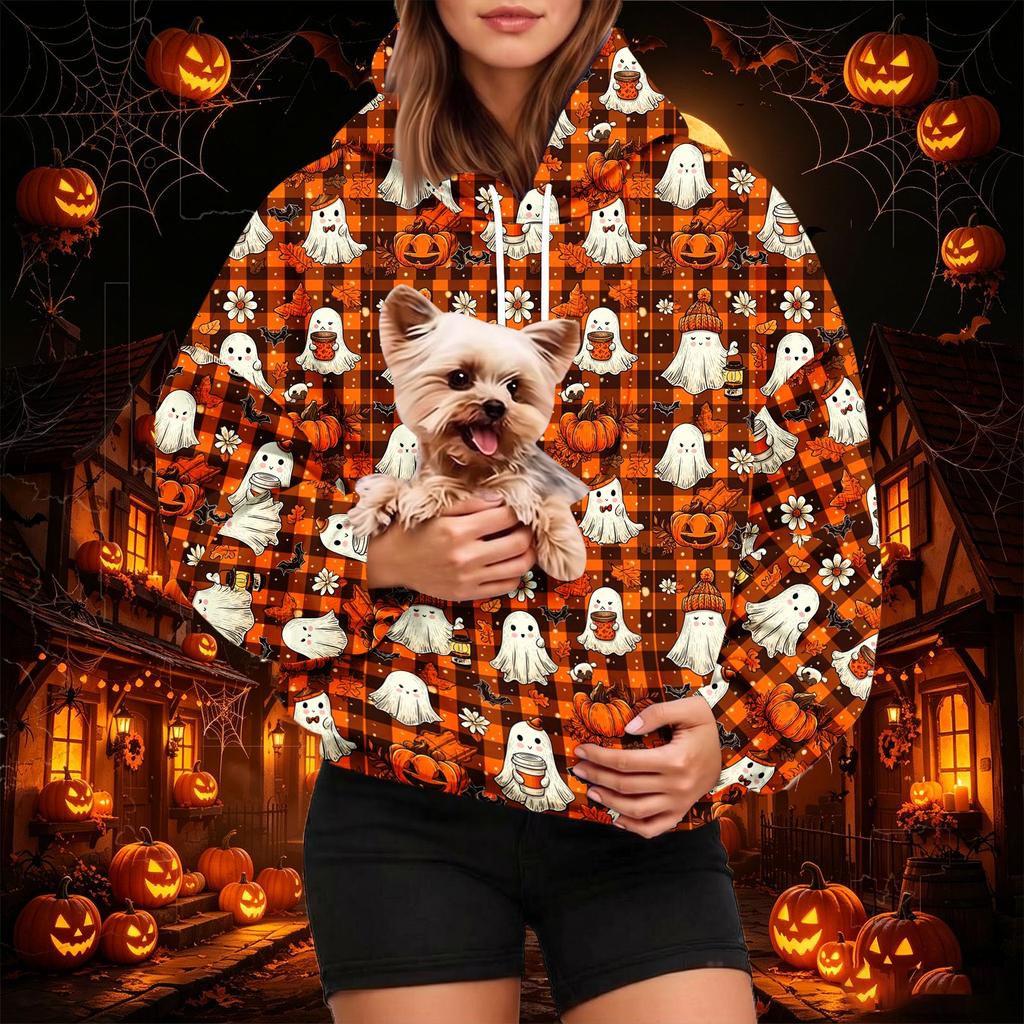 Dámská módní mikina s kapucí a potiskem na Halloween s kapsou na mazlíčka, ležérní mikina