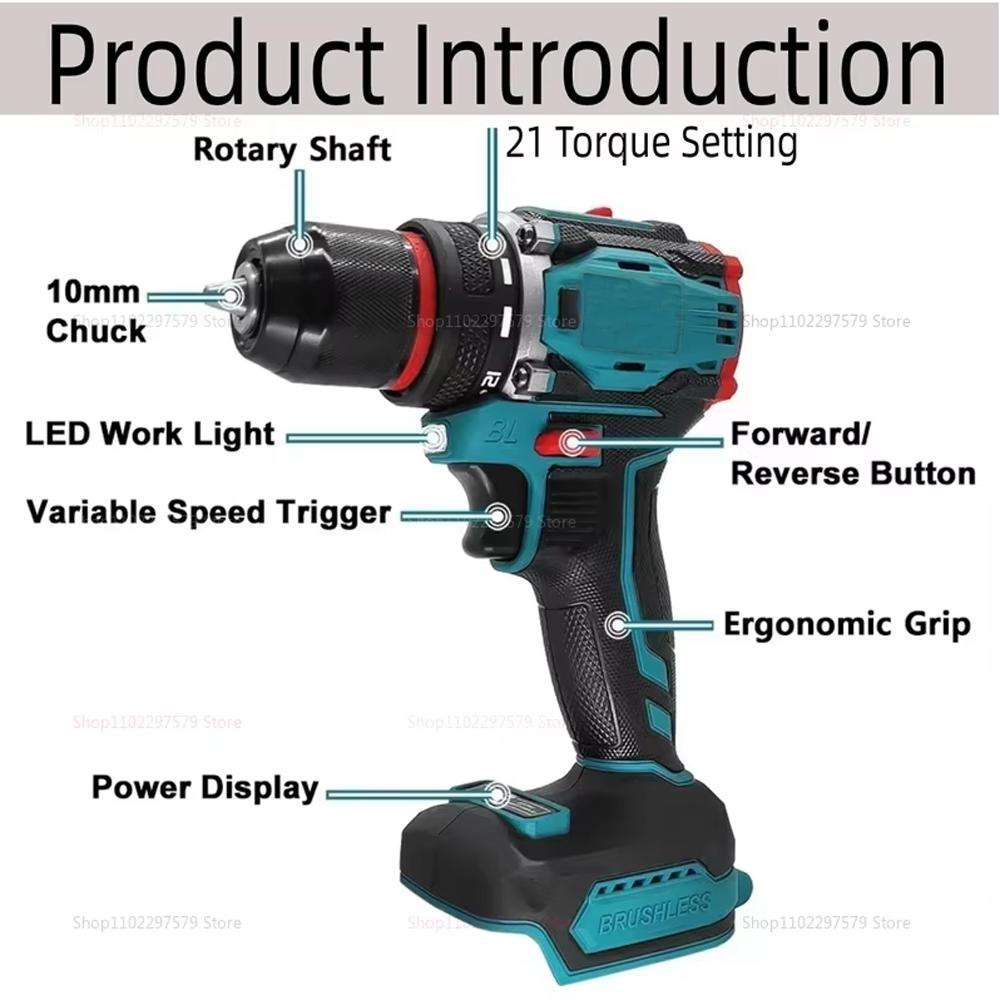 10mm Brushless Cordless Electric Impact Drill Driver 2-Speed Power Tool for Home Renovation Construction 18V Battery No Battery