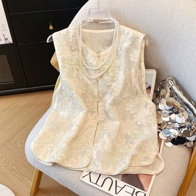 

Жилет женский 2025 лето новый вышитый органза многослойная рубашка сетчатый тонкий жилет 3XL (recommended 138-75kg)