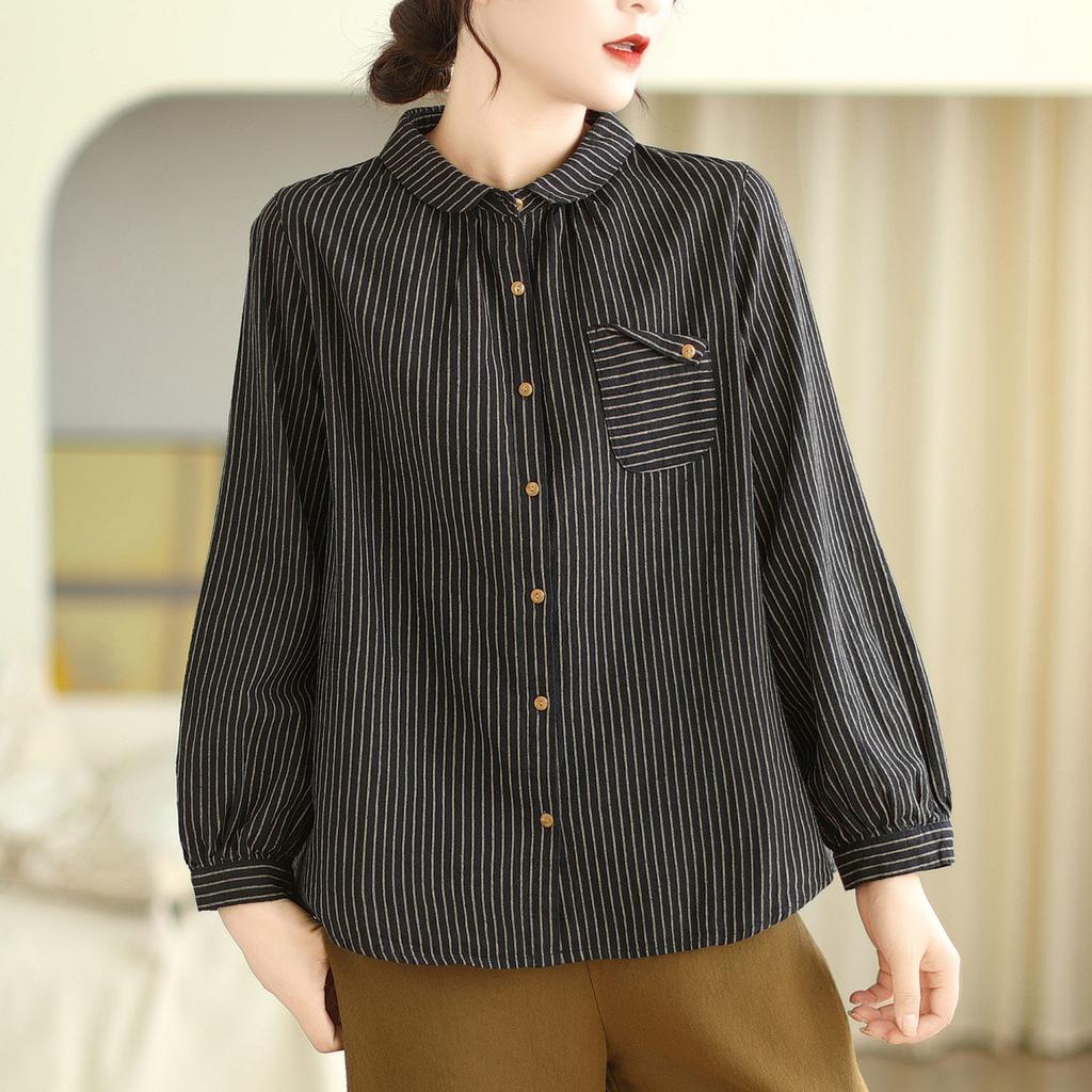 Women's Beige Black Striped Peter Pan Collar 3/4 Puff Sleeve Button Front Shirt