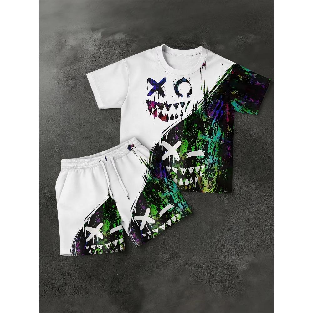 American Summer men's Personalized Graffiti Print Comfortable Breathable Round Neck T-shirt Shorts Set Outdoor Casual Wear