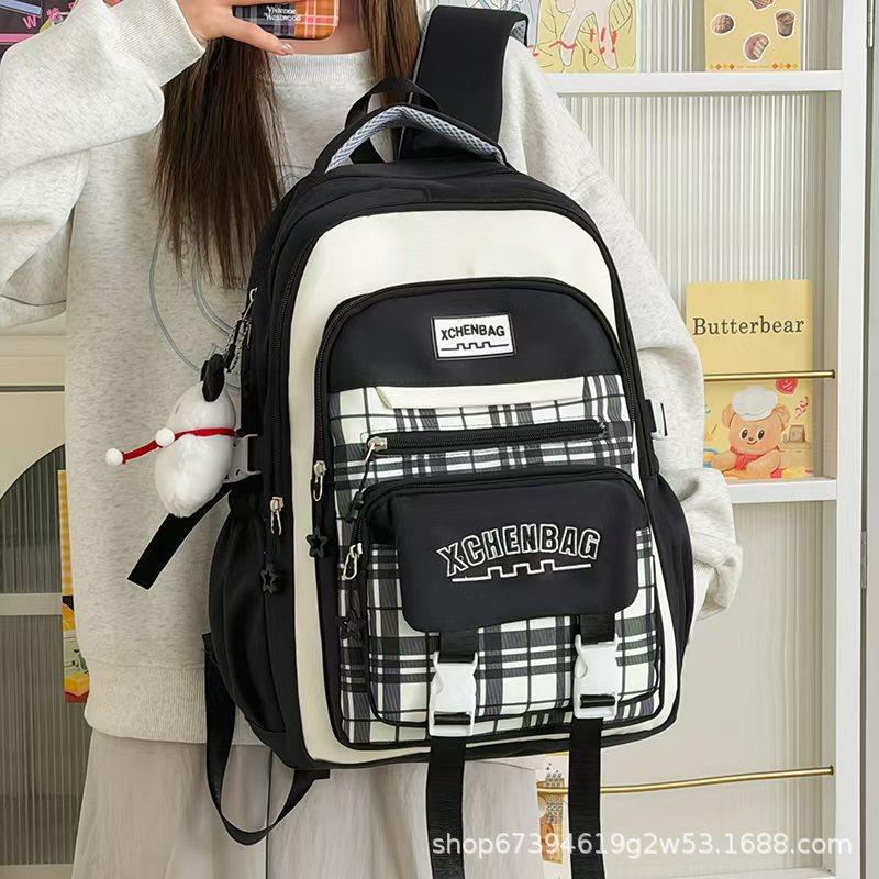 Schoolbag new student schoolbag travel backpack plaid contrasting color college style middle school student multi-compartment backpack