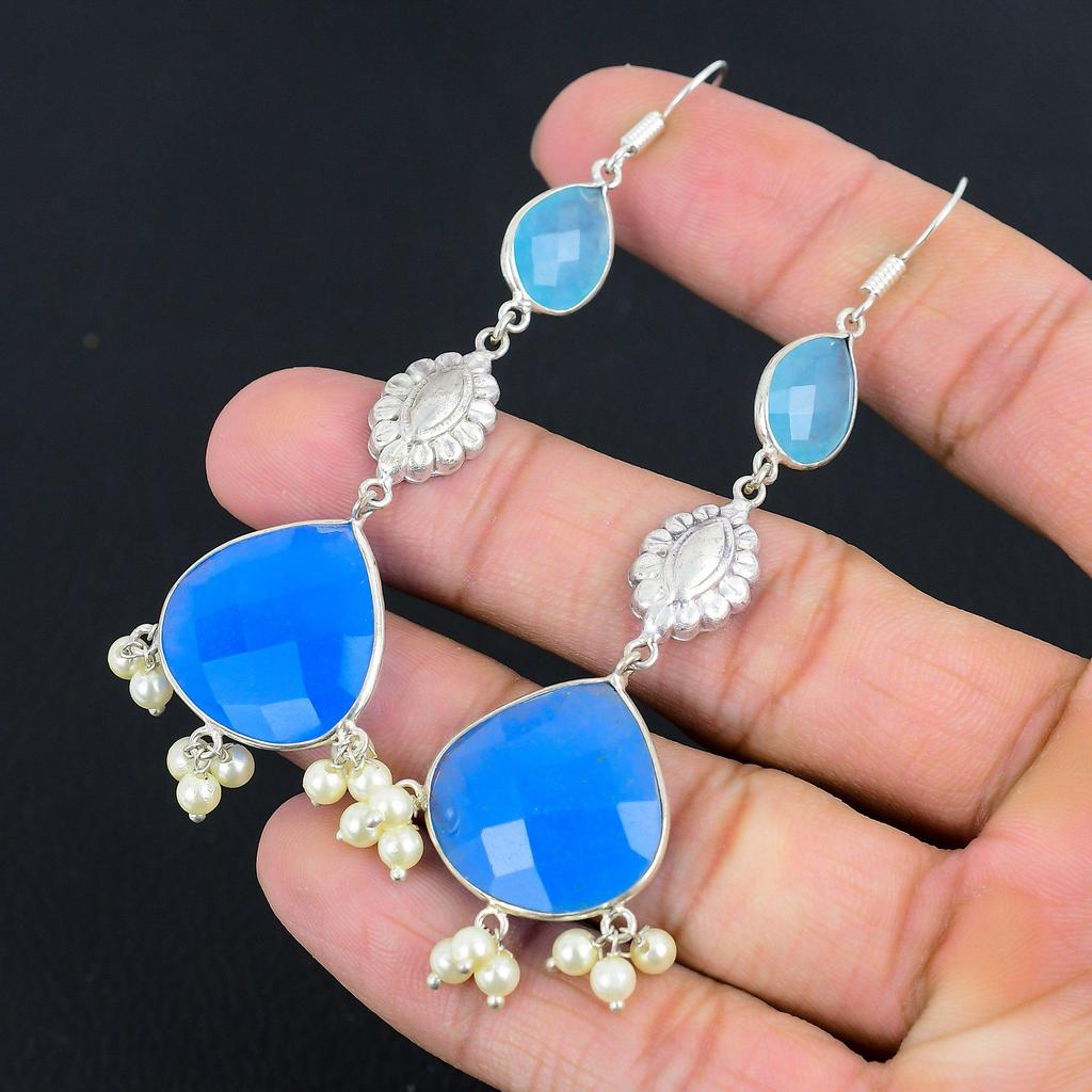 Sterlingsilber Birne Blauer Saphir Edelstein Schwester Hänger Boho Ohrringe Schmuck