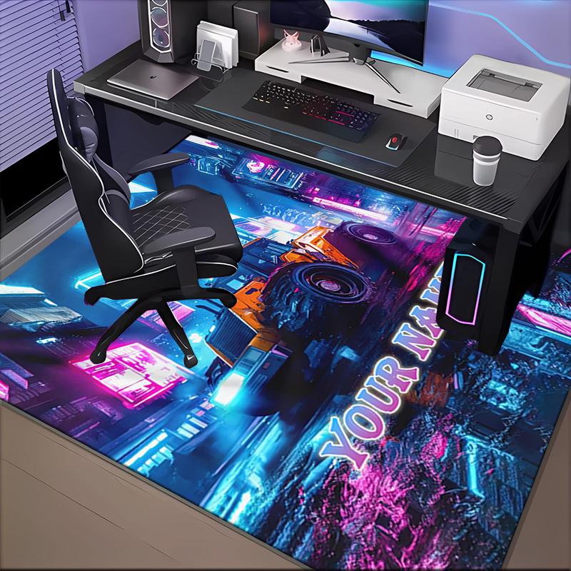 1PC Custom Name Cyberpunk Bulldozer Night Theme Floor Mat Ideal for Living Room, Game Rooms, Office, Bedroom Floor Mat Playful Design