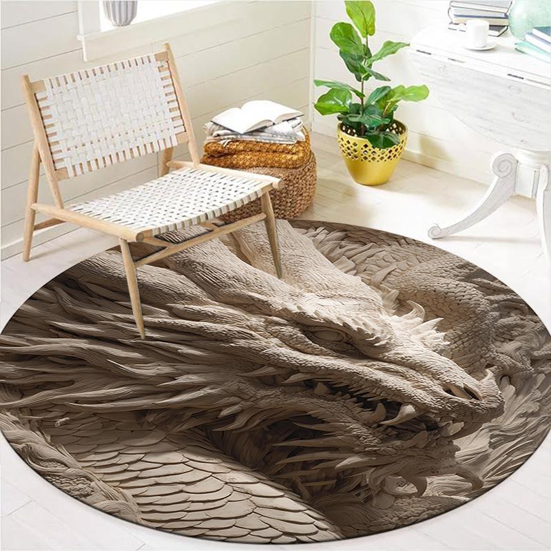 Stone Carving Leopard and Dragon Round Area Rug,Carpet Rug for Living Room Bedroom Sofa Playroom Decor,Non-slip Floor Mat