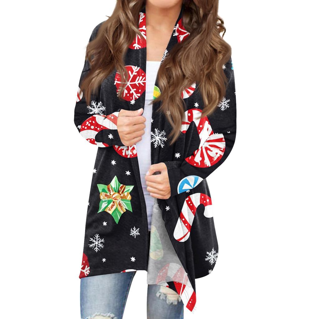 Women's Fashion Casual Christmas Print Medium Length Cardigan Jacket Coat