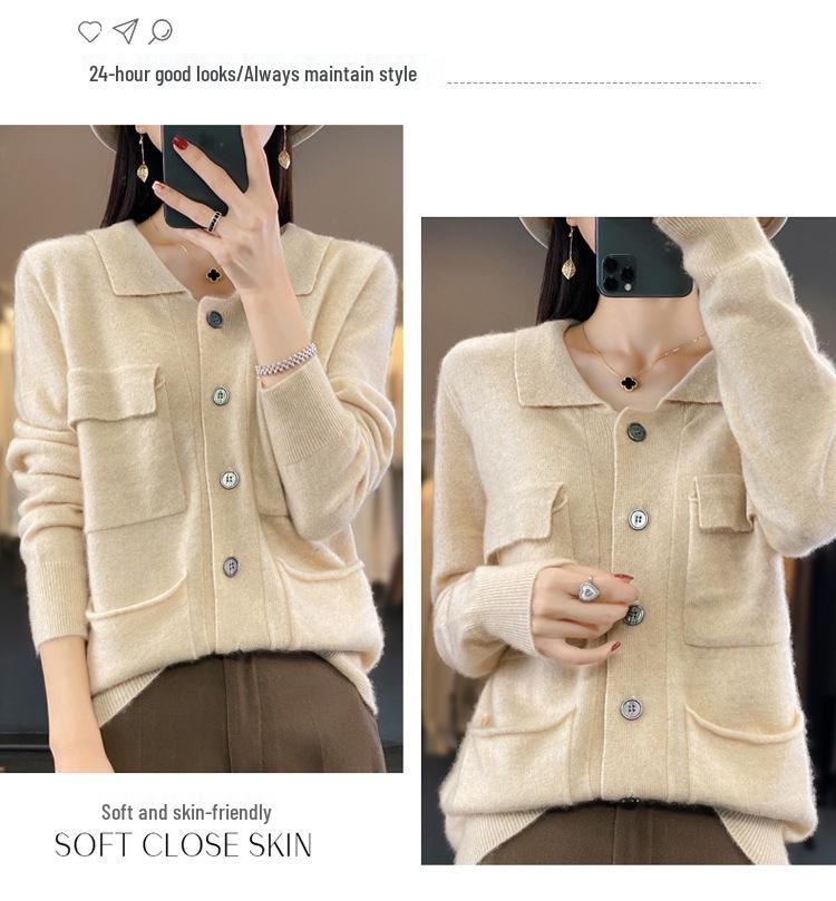 2023 Women's 100% Wool Lapel Cardigan: Year-Round Solid Color Cashmere Knit Sweater