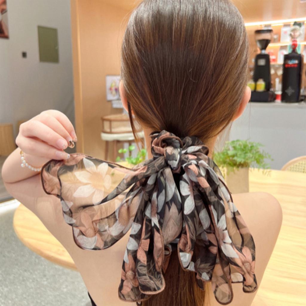 Fairy Hair Rope For Girls Chiffon Printed Bow Ribbon Hair Loop Spring Summer Outdoor Flowing Hair Rope Beach Hair Accessories
