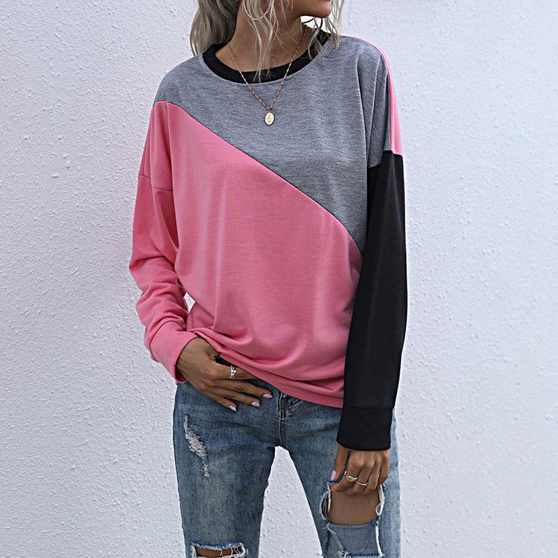 

Женские Модные Повседневные Весенние Осенние Блузки Рубашки с Блочным Принтом и Длинным Рукавом с Круглым Вырезом S розовый