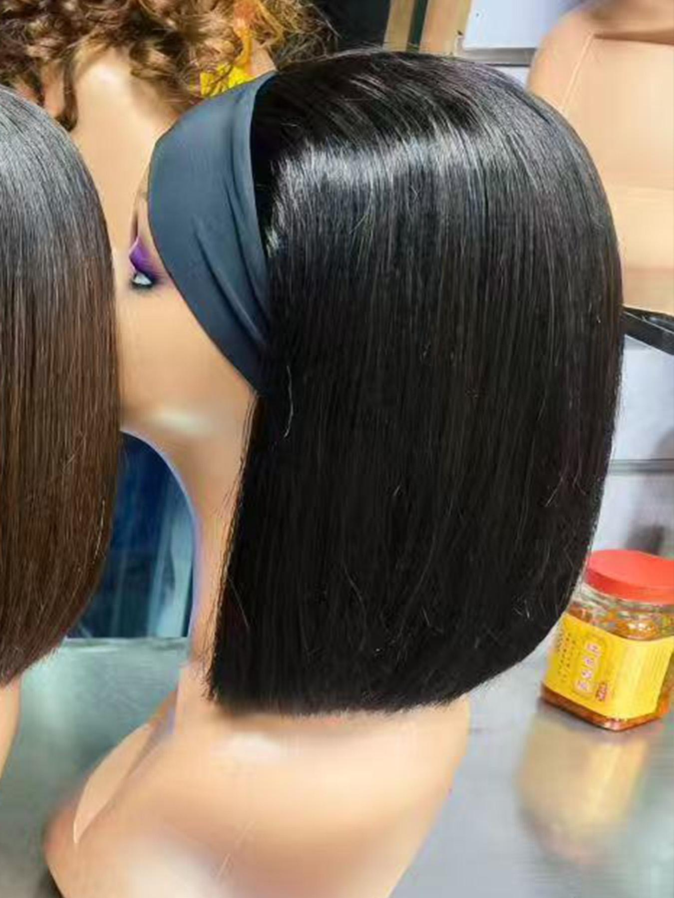 Virgin Straight Remy Hair Glueless Dark Root Blonde Bob Bang Large Peruvian 12 Inches Short Head Bang Wig (Black,10 inches&Silky Straight Wave&None Lace)