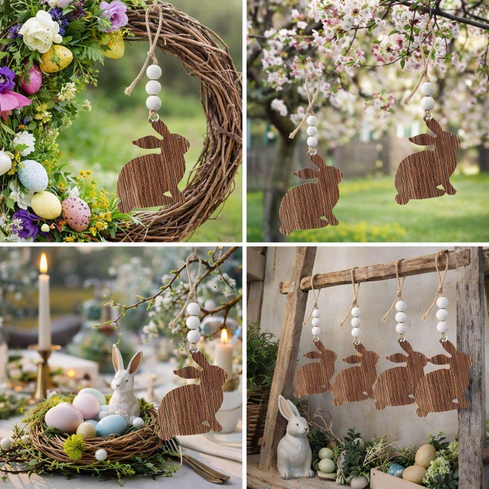 5 Pieces Handmade Easter Rabbit Tree Ornament DIY Crafts Artificial Wooden Bunny Pendant Wood Slices Easter Decoration Kids Gift