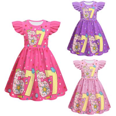 82867 Kids Girls Steal a Brainrot 67 Print Ruffle Sleeveless Princess Dress