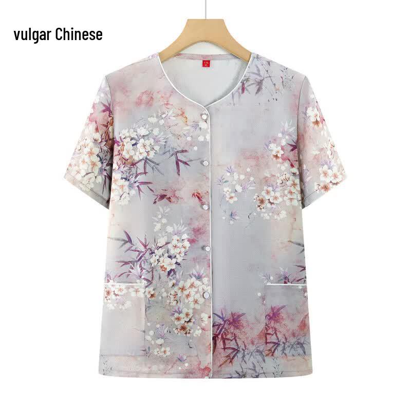 Elderly Women s Summer Floral V-Neck Short Sleeve Top 4XL фиолетовый