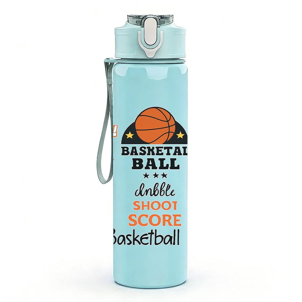 1 قطعة زجاجة مياه رياضية بلاستيكية ملونة بحروف Live Love Play Basketball سعة 750 مل غطاء بمصاص قابل للقلب مانع للتسرب مناسب للاستخدام الرياضي والمكتبي والمنزلي