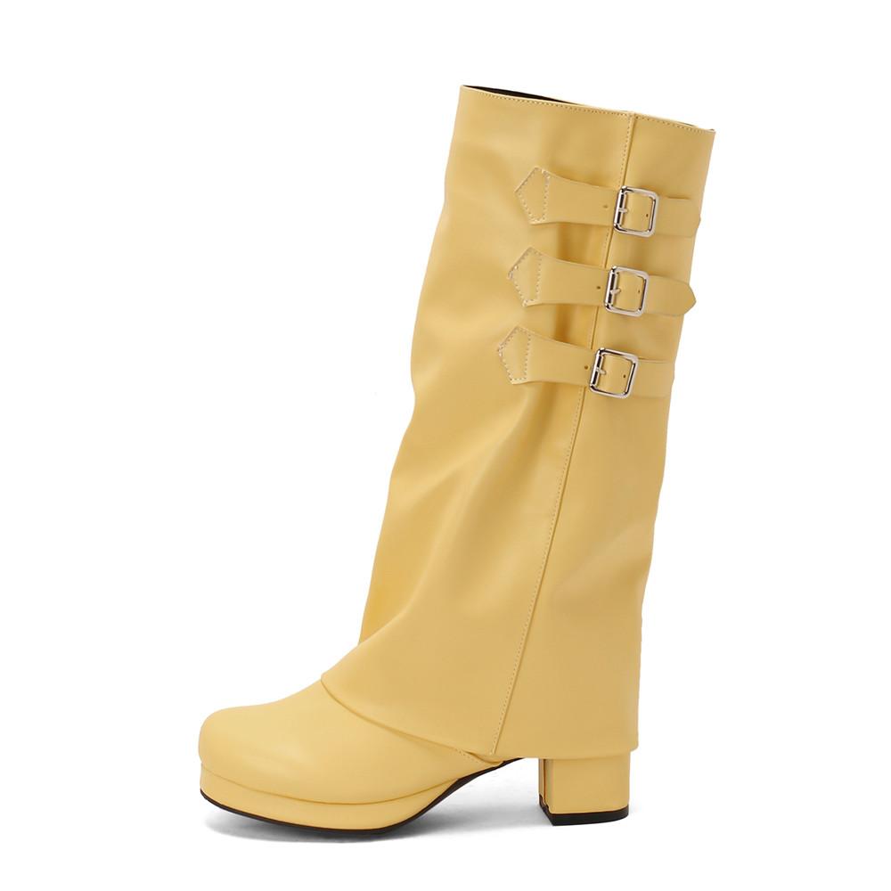 

Fashion Women Thick Bottom Motorcycle Boots Women Knee High Boots Autumn Winter Women Gothic Punk Buckle Casual Boots Brown White Black 34