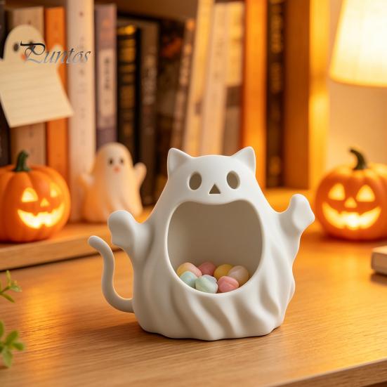 Ghost Figurine Storage Holder 3D Printed Halloween Cat Holder, Decorative Kitten Statue with Cute Spooky Home Decorations Hollow Storage, Candy Bowl,