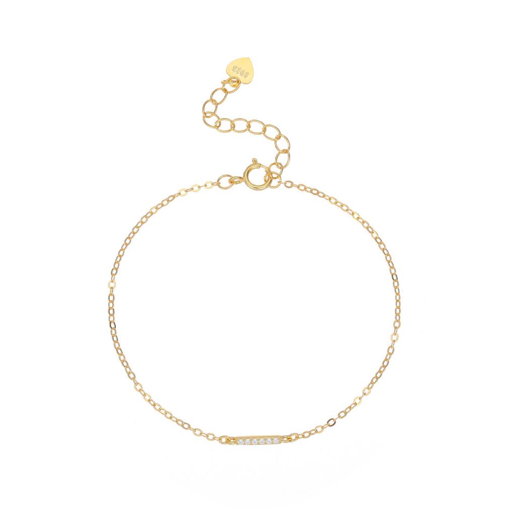 S925 Sterling Silver Diamond Inlaid Bar Bracelet, 18K Gold Plated, Mori Style, Thin and Simple Design for Women.