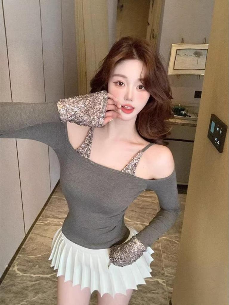Women's Spicy French Sequin Patchwork Off-Shoulder Slim Fit Long Sleeve Top