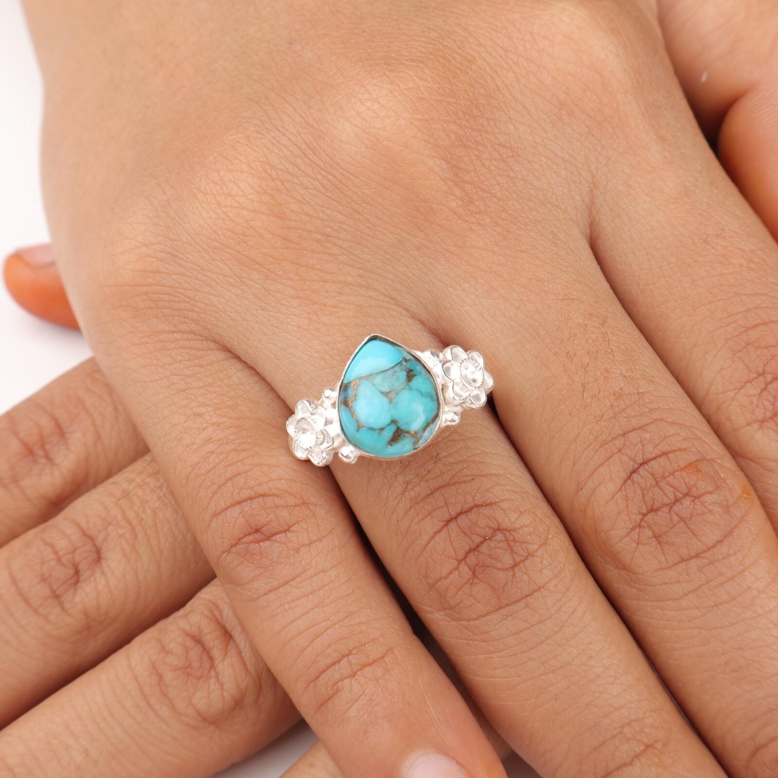 

Драгоценный камень Голубая медная бирюза Серебро 925 пробы с клеймом Ювелирное изделие Кольцо ручной работы для подарка RR-59-45 8