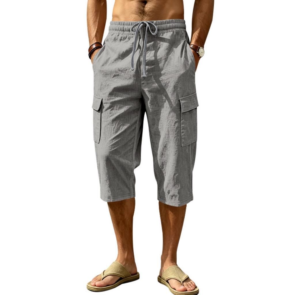 Men Linen Casual Outdoor Cargo Seven Shorts Multi Pocket Loose Fit Lightweight Drawstring Waist