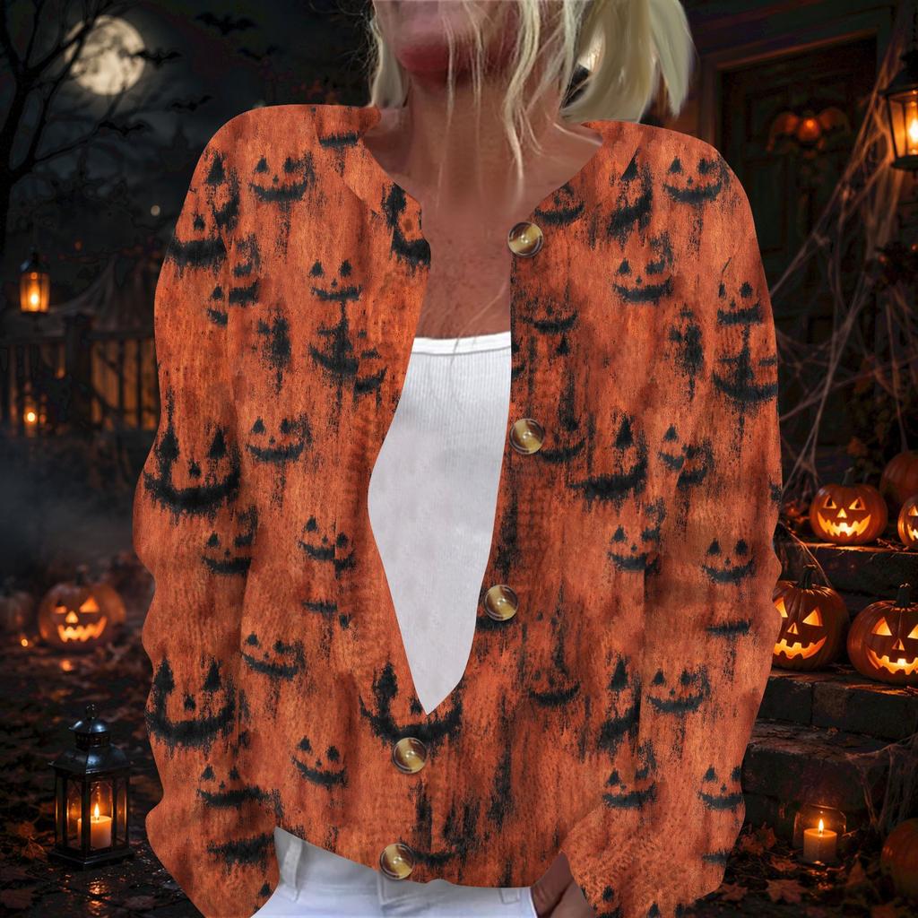 Women's Fashion Halloween Print Long Sleeve Knit Cardigan with Button Front - Casual Coat for Daily Wear and Holiday Parties