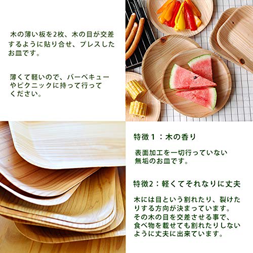 KIZARA Square Plates, Set of 100, Wooden Plates that Look Like Paper Plates, Japanese Lacquerware, Perfect for Cherry Blossom Viewing, Disposable Wood