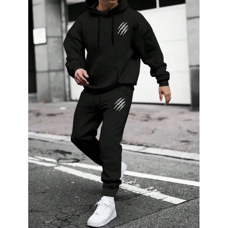 Mens Winter Hooded Sweatshirt Pants Set Animal Paw Print Sportswear Casual Streetwear Outfit