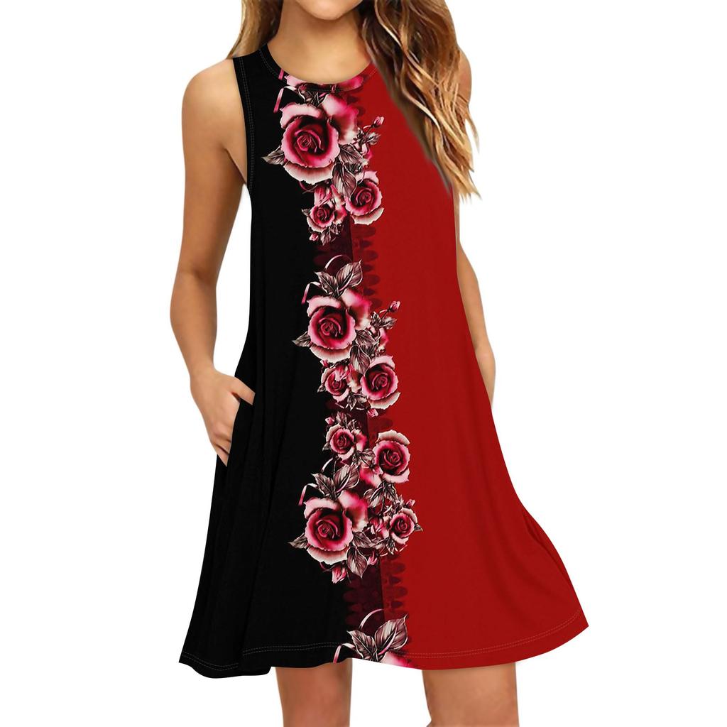 Women's Fashion Beach Dress Sleeveless Round Neck Floral Print Dress