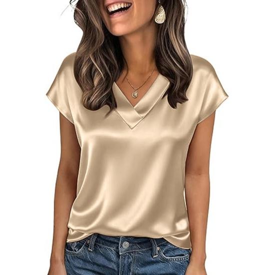 Women Tops Loose Fit Summer Blouse V-Neck Short Sleeve Smooth Satin Soft Stretchy Pullover