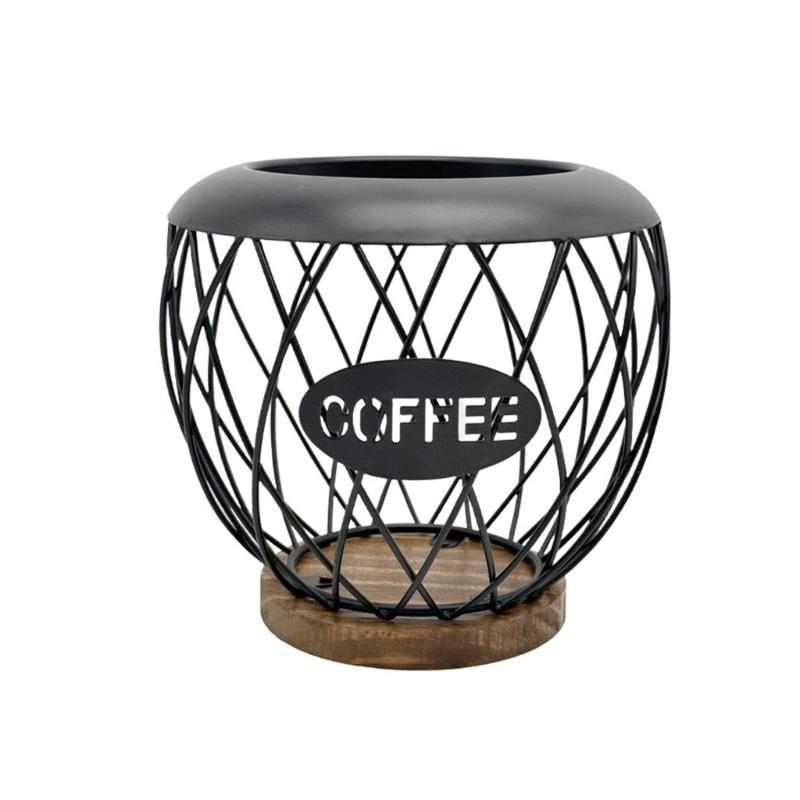 Artistic Iron Fruit Basket Inspired Coffee Pods Rack Open Structure Kitchen Office Storage Durable Metal Wood Materials