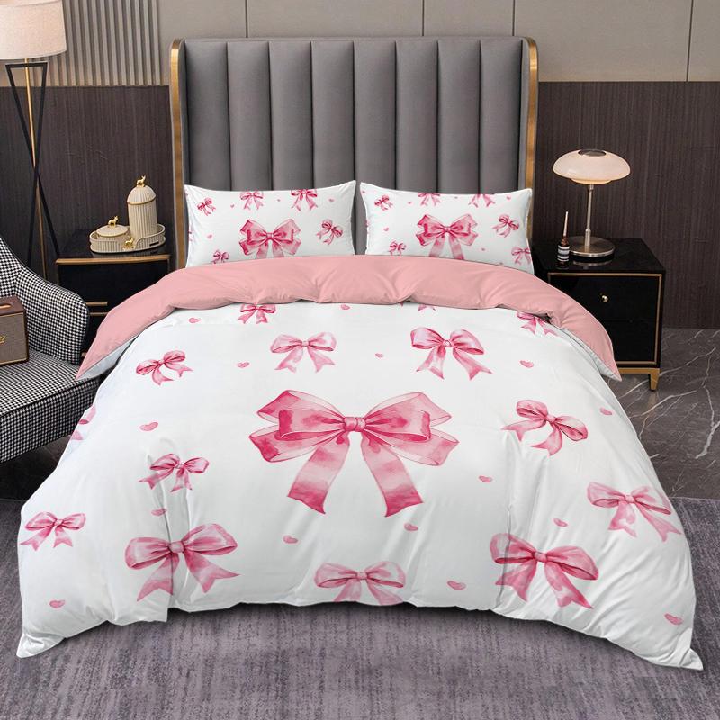 3Pc Pink And Delicate Bowknot Duvet Cover Set (Duvet Cover*1+Pillowcase*2,Without Core) Suitable For Gift Giving