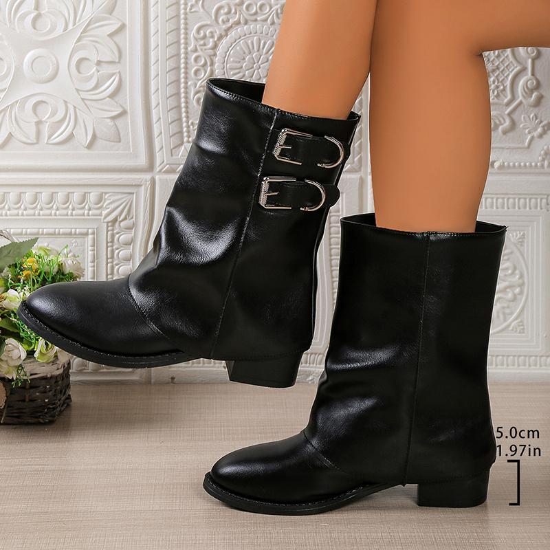Fashion Fashion Black PU Leather Mid Calf Boots for Women Chunky Heel Slip On Western Boots Woman Metal Buckle Decor Cowgirl Botas Mujer