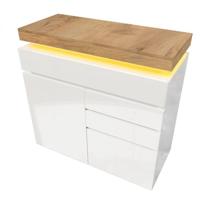 Commode, Buffet Brillant Avec 2 Portes Et 3 Tiroirs, Éclairage LED, Meuble Multifonctionnel, 115 X 110 X 39 Cm, Blanc