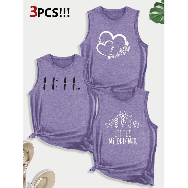 Line Floral Letter Combination Gift Print Pattern Round neck3Pack of Sleeveless Vests for Women In Spring, Summer, and Autumn