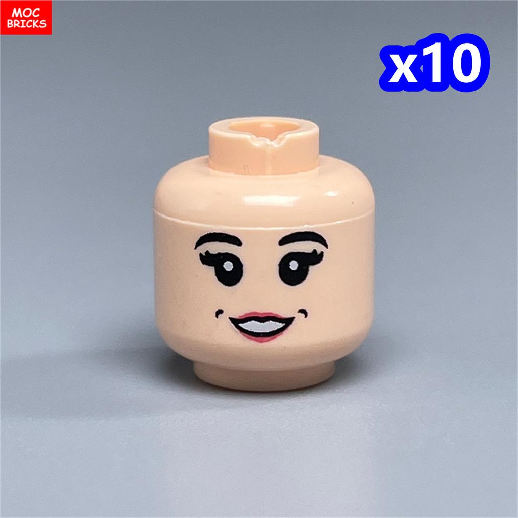 10pcs MOC Bricks Printed Head Beard Men Woman Face Cool Expression Building Blocks Model Kids Toys Gifts
