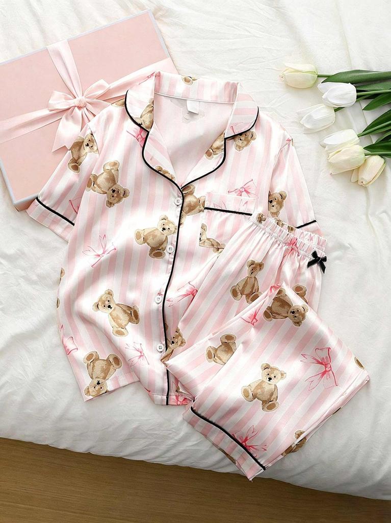 Girls Pajama Set, Cute Bear Print Short Sleeve Button Down Top & Shorts, Pink Sleepwear Loungewear for Kids 8-13 Years