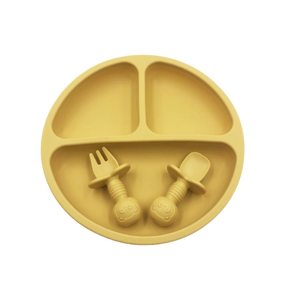 Silikon Smiley-Gesicht Kinderplatte mit unterteilten Abschnitten, Gabel- und Löffelset