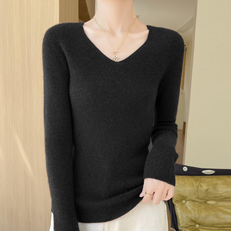 

Первая линия готовой одежды 24 осень-зима новая женская приталенная водолазка с длинным рукавом однотонная универсальная бесшовная вязаная с V-образным вырезом свитер для ношения под одежду XXL чёрный
