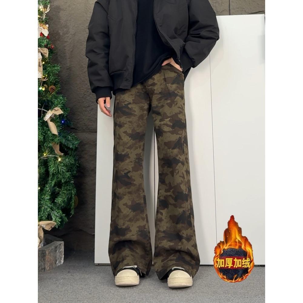 American High Street Versatile Autumn and Winter Trend Thickened Camouflage Loose Men's and Women's Micro-pull Tooling Jeans