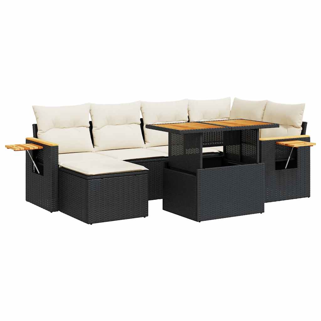 Vidaxl 7-Cz. Furniture Set With Cushions, Black, Poly Rattan And Acacia