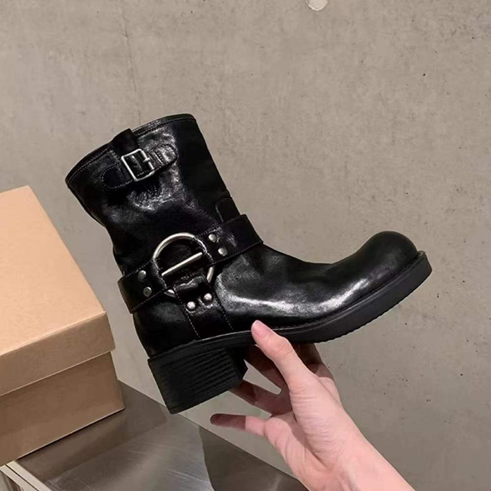 Cowhide version~ genuine leather retro metal buckle thick heel western short boots women's autumn and winter new punk locomotive knight boots