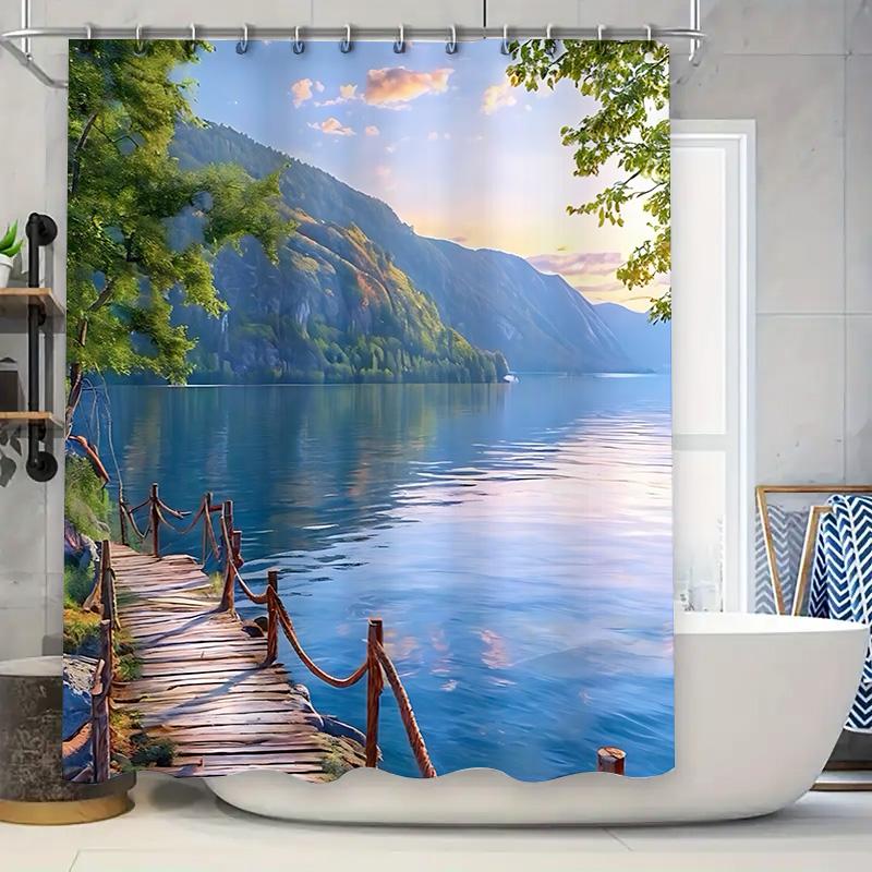 

Nature Lovers Paradise Lake View Wooden Dock Mountain Reflections Spa Style Bath Curtain Enhancing Decor Waterproof Durable W60H190(CM)-1 Pcs