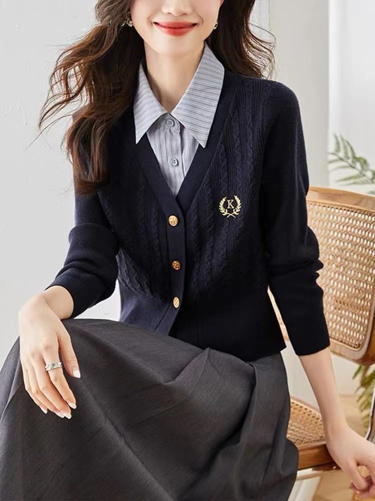 

Shirt spring and autumn knitted sweater new professional clothing splicing fake two-piece top long-sleeved women s sweater